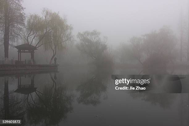 Man fishs at a park with heavy fog in Xiangyang, Hubei province, central China on 15th March 2015.Premier Li Keqiang of China said on Sunday in news...