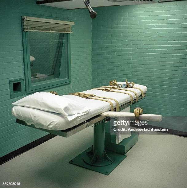 Death chamber gurney at the Huntsville prison in Texas. The State of Texas adopted lethal injection as a means of execution in 1977. The first lethal...