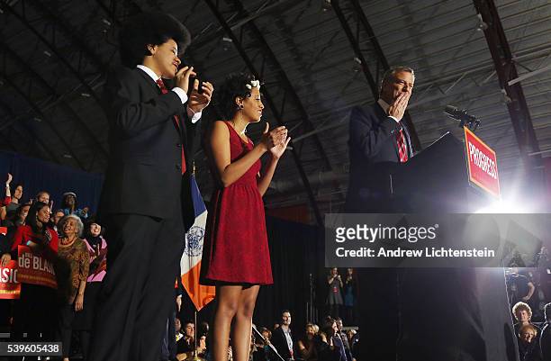 Bill de Blasio celebrates his landslide victory in New York CIty's mayoral election at the YMCA in Brooklyn's Park Slope neighborhood. He is joined...