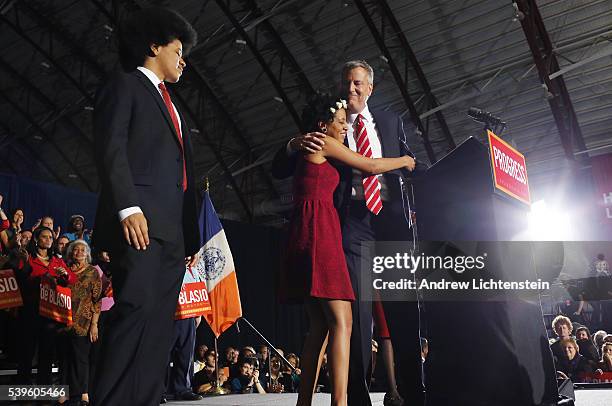 Bill de Blasio celebrates his landslide victory in New York CIty's mayoral election at the YMCA in Brooklyn's Park Slope neighborhood. He is joined...