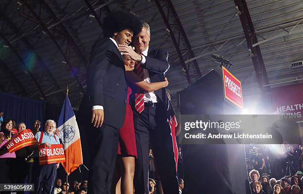 Bill de Blasio celebrates his landslide victory in New York CIty's mayoral election at the YMCA in Brooklyn's Park Slope neighborhood. He is joined...