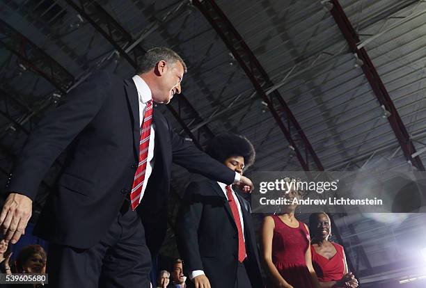 Bill de Blasio celebrates his landslide victory in New York CIty's mayoral election at the YMCA in Brooklyn's Park Slope neighborhood. He is joined...