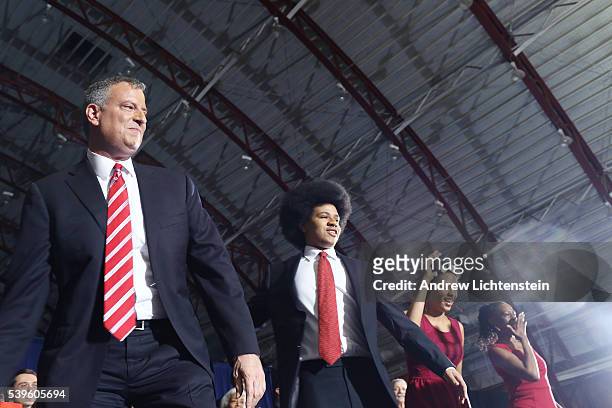 Bill de Blasio celebrates his landslide victory in New York CIty's mayoral election at the YMCA in Brooklyn's Park Slope neighborhood. He is joined...