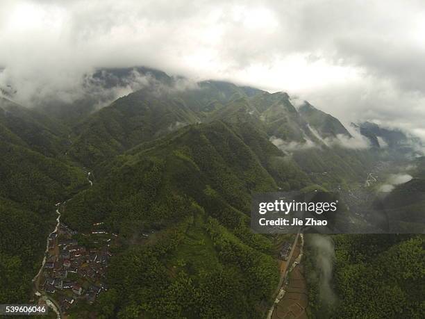 Aerial view of Miaoyuan village landscape in Jiuhua town, Quzhou city, Zhejiang province China May 14 2015.