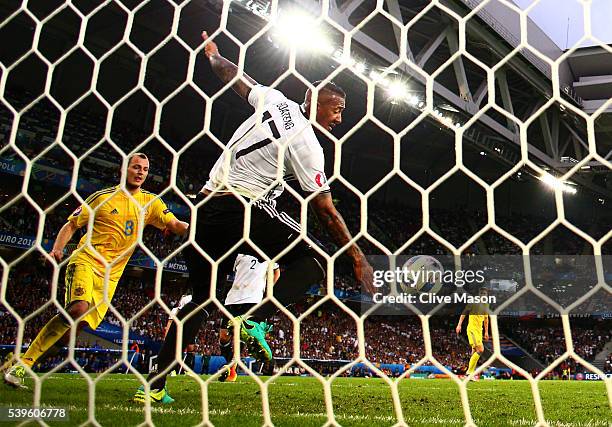Jerome Boateng of Germany clears the ball off the goal line during the UEFA EURO 2016 Group C match between Germany and Ukraine at Stade...