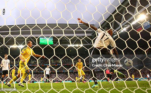 Jerome Boateng of Germany clears the ball off the goal line during the UEFA EURO 2016 Group C match between Germany and Ukraine at Stade...