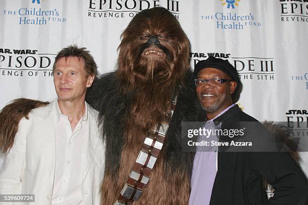 Liam Neeson, Samuel L. Jackson and Chewbacca at the New York benefit premiere of "Star Wars: Episode III - Revenge of the Sith" held at the Zeigfeld...