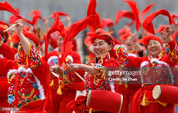 Chinese people peformance for audience to greet the upcoming Chinese Lantern Festival in Zibo City , Shandong, China on 28th February 2015.