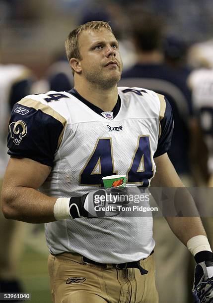 Joey Goodspeed of the St. Louis Rams looks on from the sideline against the Detroit Lions during a pre-season NFL game at Ford Field on August 29,...
