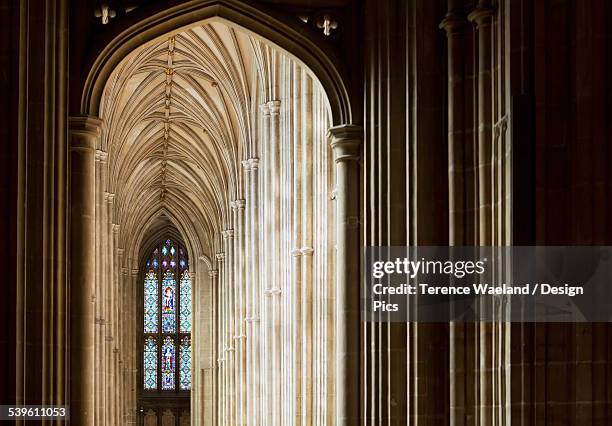 corridor with arched ceiling and stained glass window - terence waeland stock pictures, royalty-free photos & images