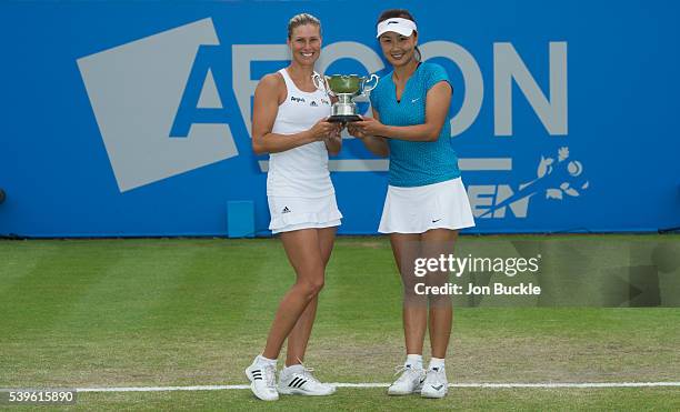 Andrea Hlavackova of Czech Republic and Shuai Peng of China with Doubles winners trophy on day seven of the WTA Aegon Open on June 12, 2016 in...