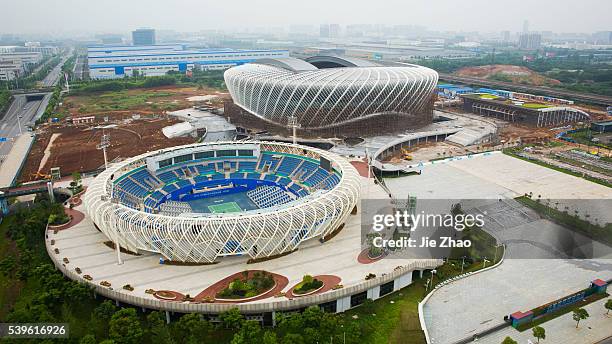 The aerial view of Guangu International Tennis Center in Wuhan, Hubei province, China on 8th June 2015. The Wuhan Open is building a 1 billion RMB...