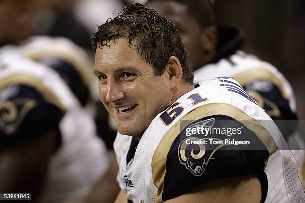 Tom Nutten of the St. Louis Rams looks on from the bench during a pre-season NFL game against the Detroit Lions at Ford Field on August 29, 2005 in...