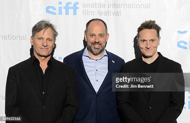 Actor Viggo Mortensen, SIFF Festival Director and Chief Curator Carl Spence and director Matt Ross arrive for the screening of "Captain Fantastic"...