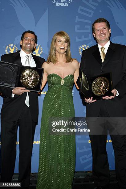 Actress Cheryl Hines poses with directors Tony Croll "Three Wishes" and J.Rupert Thompson "Fear Factor" with their awards for Outstanding Directorial...