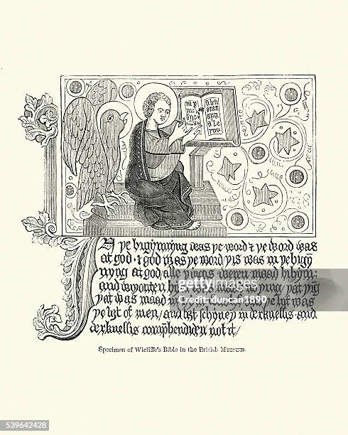 ilustraciones, imágenes clip art, dibujos animados e iconos de stock de ilustración de la biblia wycliffe - scribe