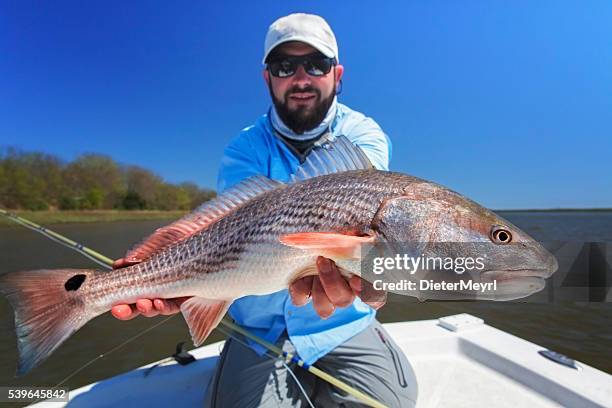 fischer mit einem großen rotbarsch - redfish stock-fotos und bilder