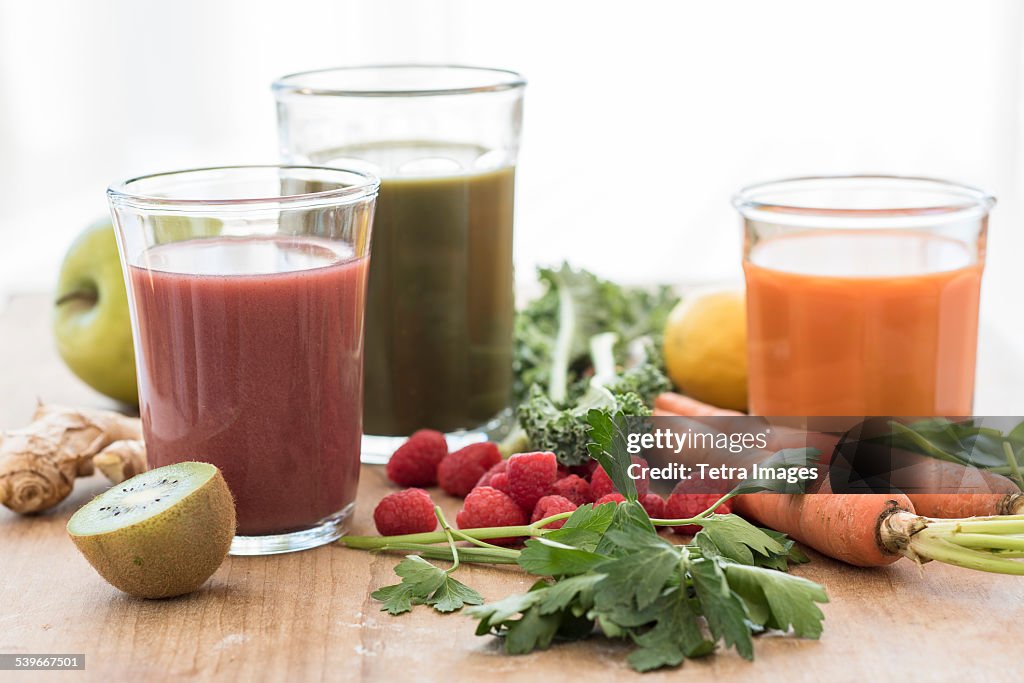 Studio shot of fruit and vegetable juices