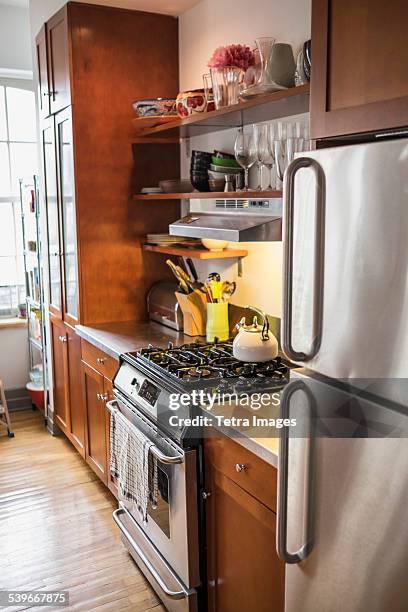 usa, new york state, new york city, brooklyn, interior of domestic kitchen - brooklyn bowl stock-fotos und bilder