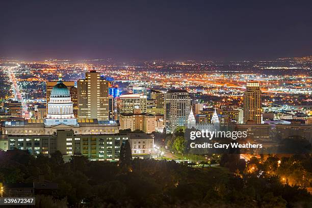 usa, utah, salt lake city, cityscape at night - salt lake city stock-fotos und bilder