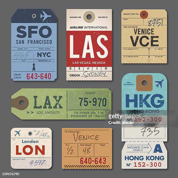 vintage luggage tags - airplane ticket stock illustrations