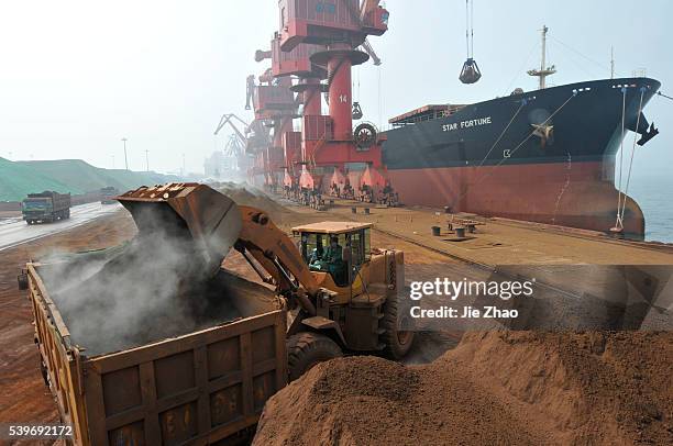 Iron ore from Australia is unloaded at Rizhao Port, one of China's biggest ports for importing the commodity, Shandong province, March 19, 2010. VCP