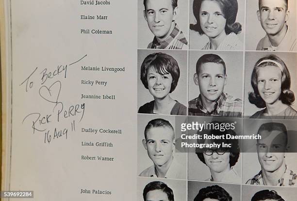 Presidential hopeful Rick Perry's picture in the 1965 Paint Creek High School yearbook that a former classmate Becky Roe showe d him after Perry...