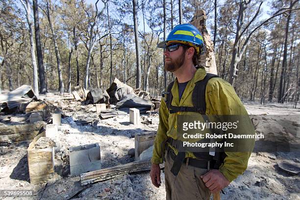 Hotshot Matthew Castolon of Kellogg, Idaho wanders through the aftermath of wildfire through the piney woods in Bastrop County 30 miles east of...