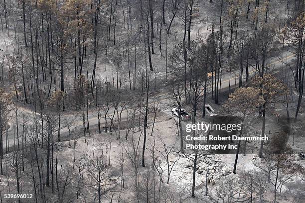 Aerials of fire damage in Bastrop County, TX where wildfires last week claimed 38,000 acres and over 1,500 homes with two deaths reported. The trees...