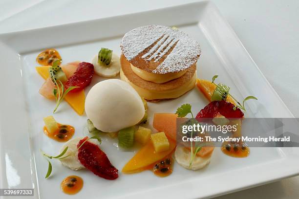 Dish of mille feuille of passionfruit cream with tropical fruit salad, Restaurant Assiette, 26 August 2005. SMH GOOD LIVING Picture by MARCO DEL...