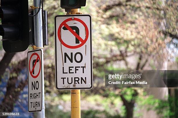 No Left Turn' sign, 9 October 2000. AFR Picture by JESSICA SHAPIRO