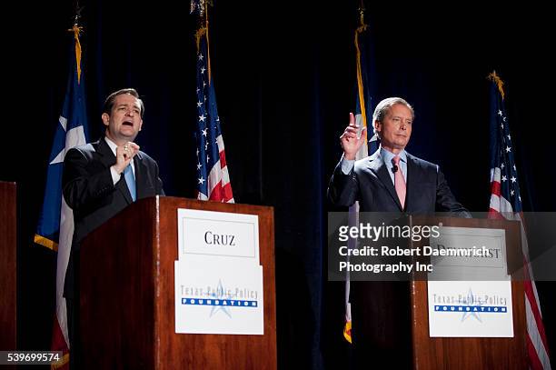 Texas Republican candidates for United States Senate, challenger Ted Cruz, left and front runner Lt. Gov. David Dewhurst, right, debate each other at...