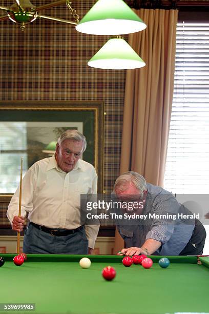 Local residents John Southam and Bob Rose playing snooker at Huon Park Retirement Village NSW, 7 October 2005. SMH Picture by DANIELLE SMITH