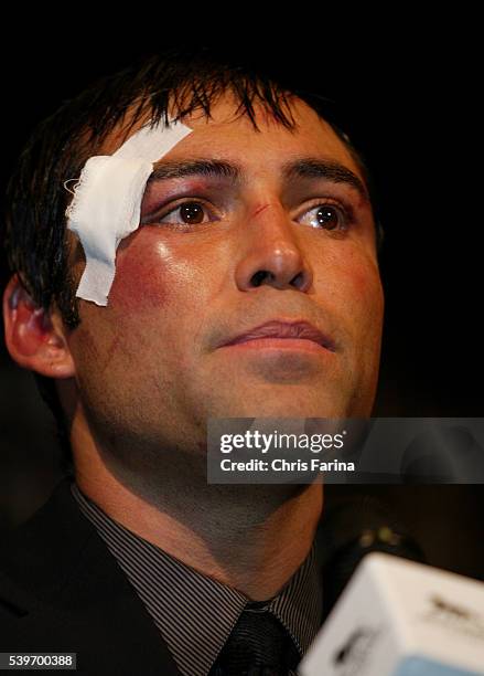 Oscar de la Hoya at a post-fight press conference after losing a twelve-round unanimous decision to "Sugar" Shane Mosely at the MGM Grand Hotel in...