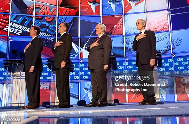 The four remaining Republican presidential candidates appear January 19, 2012 at the CNN Debate in North Charleston, South Carolina Coliseum. From...