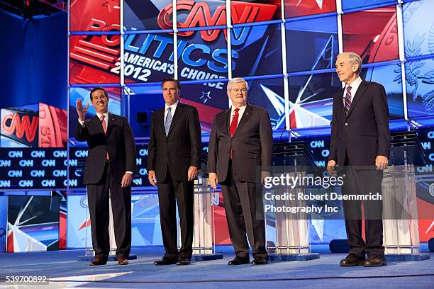 The four remaining Republican presidential candidates appear January 19, 2012 at the CNN Debate in North Charleston, South Carolina Coliseum. From...