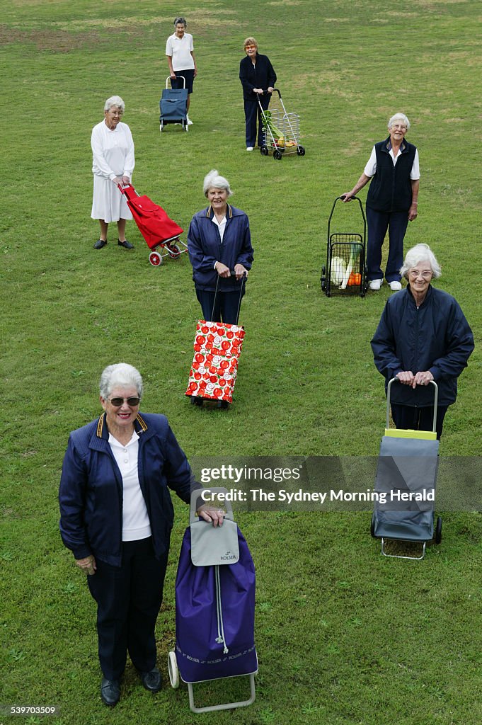 Seven Shopping Trolleys, being tested by 7 lady bowlers, 28 September 2005. SM