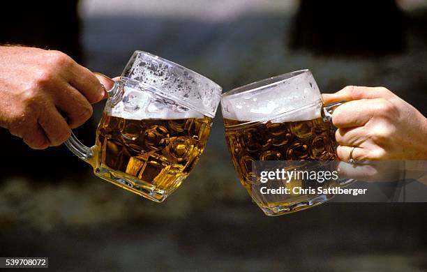 people holding beer mugs and toasting - beer glass fotografías e imágenes de stock