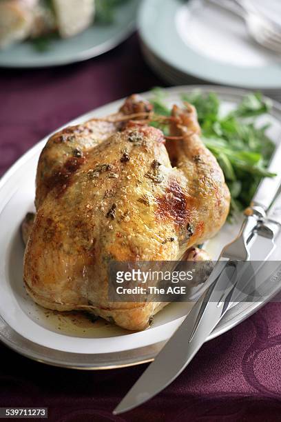 Chicken with Tarragon and Mustard. Recipe by Brigitte Hafner for Epicure/Good Living. Styling by Caroline Velik, oval platter with pewter edging and...