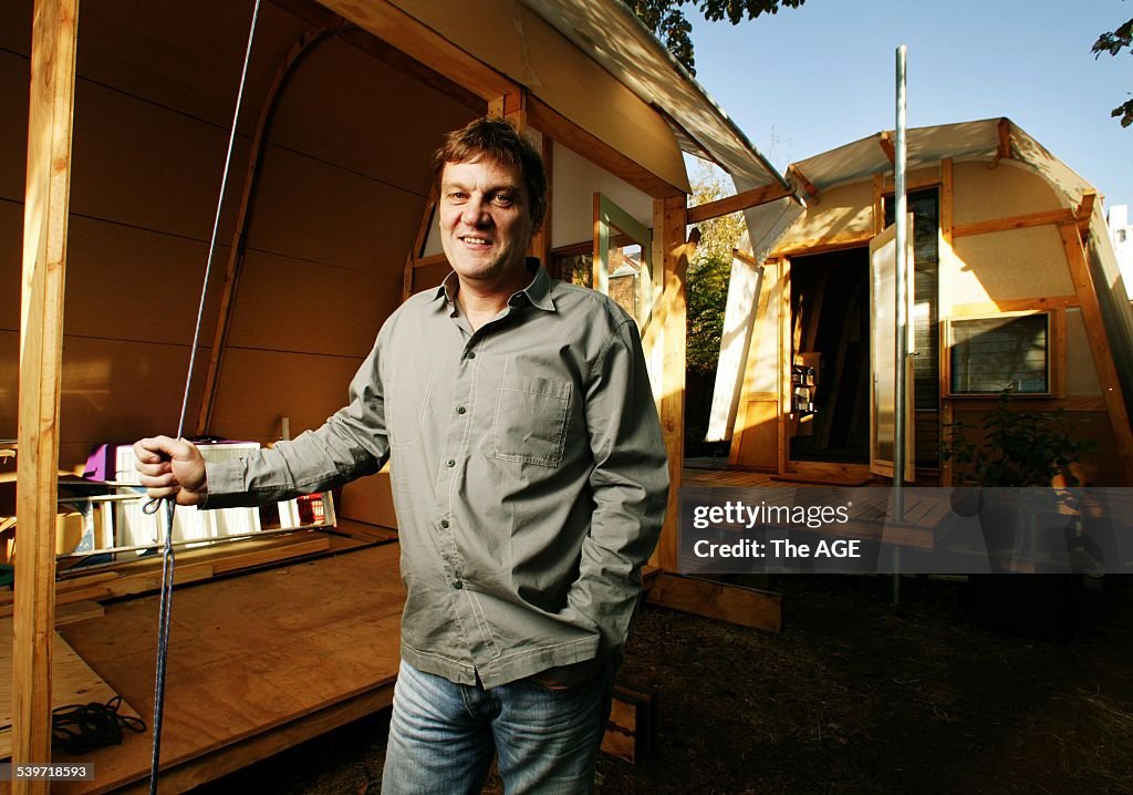 Architect Peter Ryan with his cardboard house under construction in South Melbou