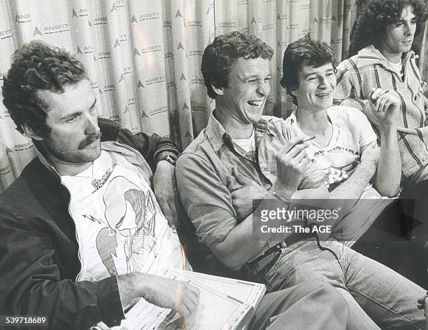 Reddie Strauks, Shirley Strachan, Red Symons and Bongo Star of the Australia band, Skyhooks, during an interview, 21 June 1976. The Age picture by...