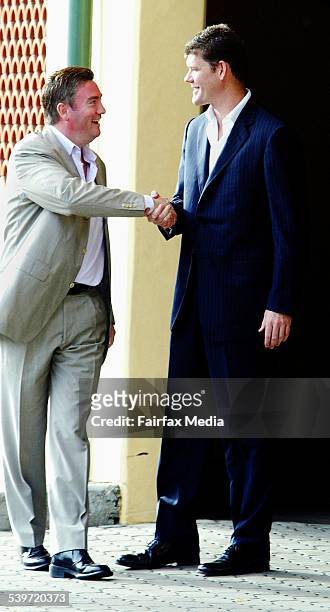 Byron Bay NSW. Wedding of David Gyngell and Leila McKinnon. Eddie McGuire and James Packer arrive and meet, 11 December 2004. SHD Picture by...