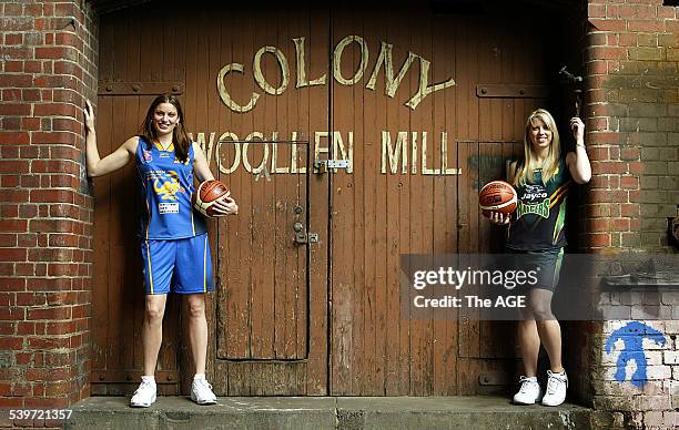 Hollie Grima of the Bulleen Boomers Left, and Carly Wilson of Dandinong Rangers show off the new women's basketball uniforms on 15th September, 2005....