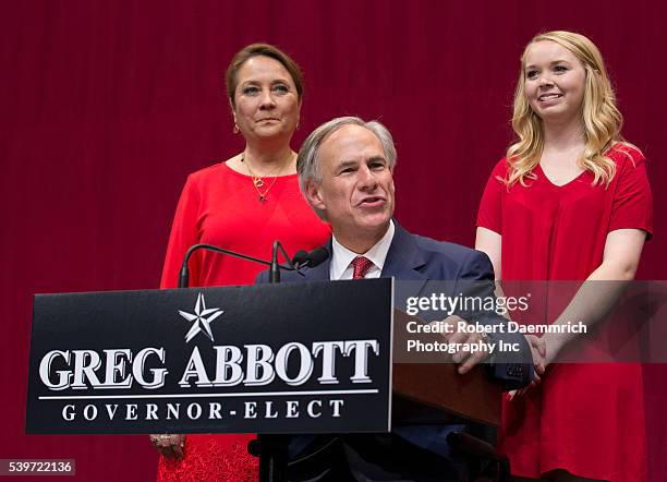 Texas Attorney General Greg Abbott celebrates his election as governor of Texas with a resounding victory over Democratic challenger Wendy Davis....