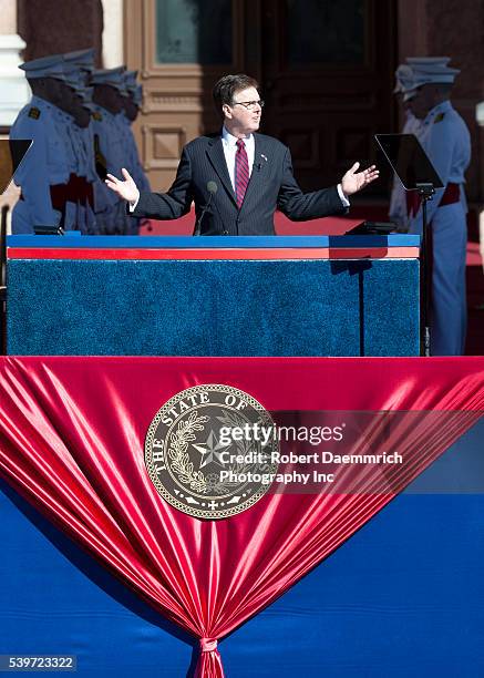 Lt. Gov. Dan Patrick gives his inaugural address as Greg Abbott becomes the 48th Governor of Texas during inaugural ceremonies Tuesday at the Texas...
