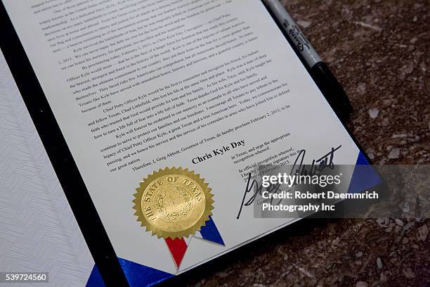 February 2nd, 2015 Austin, Texas USA: proclamation signed by Texas Governor Greg Abbott as February 2nd, 2015 to be Chris Kyle Day. Chris Kyle, the...