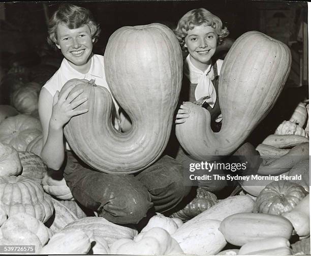 Heather Heywood of Narromine and Anne Tweedie of Wolgan Valley at the 1958 Royal Easter Show with giant Bugle Gramma pumpkins. They were helping to...