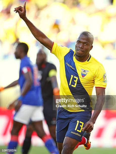 Enner Valencia of Ecuador celebrates after scoring the opening goal during a group B match between Ecuador and Haiti at MetLife Stadium as part of...