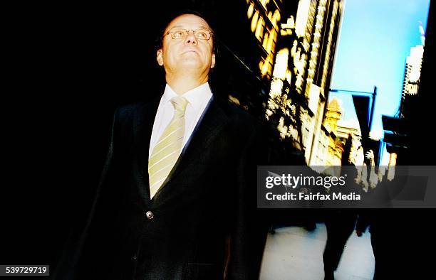 Frank Sartor MP, responsible for new pavings and widening of pathways in Sydney's CBD. Photo on location at cnr of Pitt St and Martin Place, 23 June...