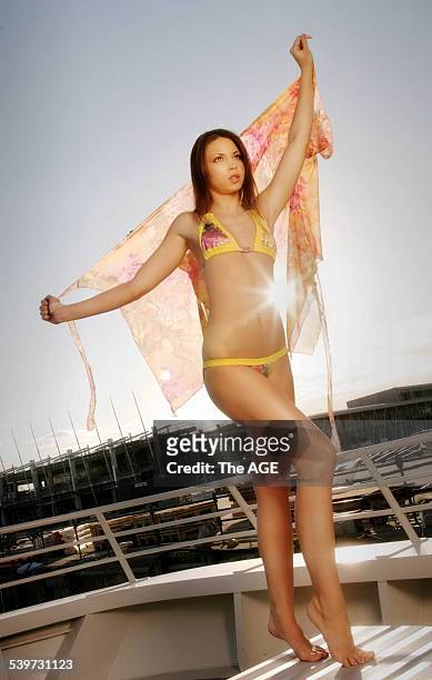 Model Monica, in Nicky Rowsell's design on 2nd September, 2005. THE AGE NEWS Picture by EDDIE JIM.